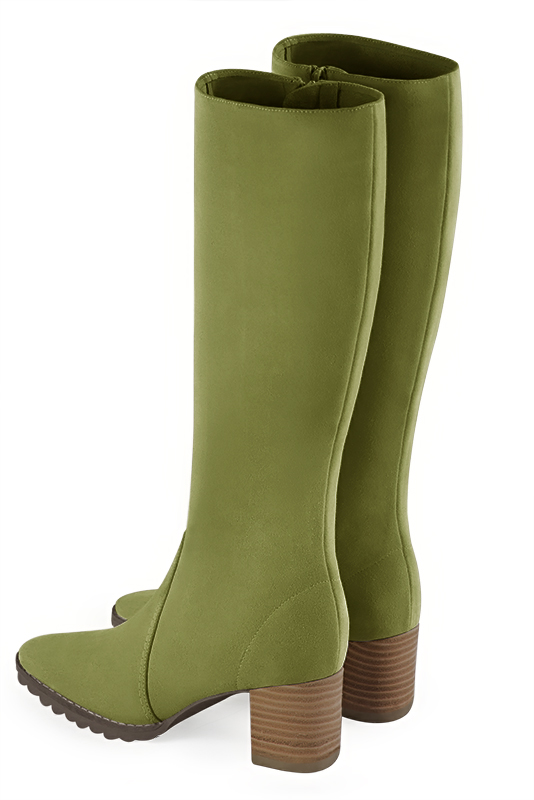 Pistachio green women's riding knee-high boots. Round toe. Medium block heels. Made to measure. Rear view - Florence KOOIJMAN